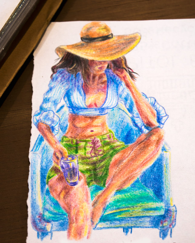 Color pencil drawing, , vacation, summer girl, holidays, color pencil illustration, pencil texture